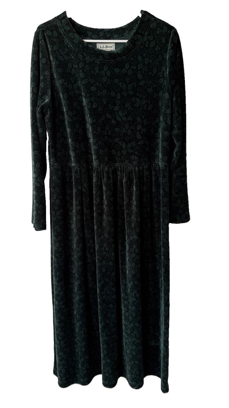 L.L. Bean Women’s Dark Green Velvet Christmas Floral Long Sleeve A-Line Dress 14